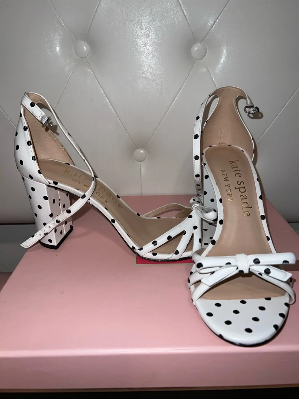 kate spade White with Black Polka Dot Bow Ankle-Strap Heels - Picture 3 of 8